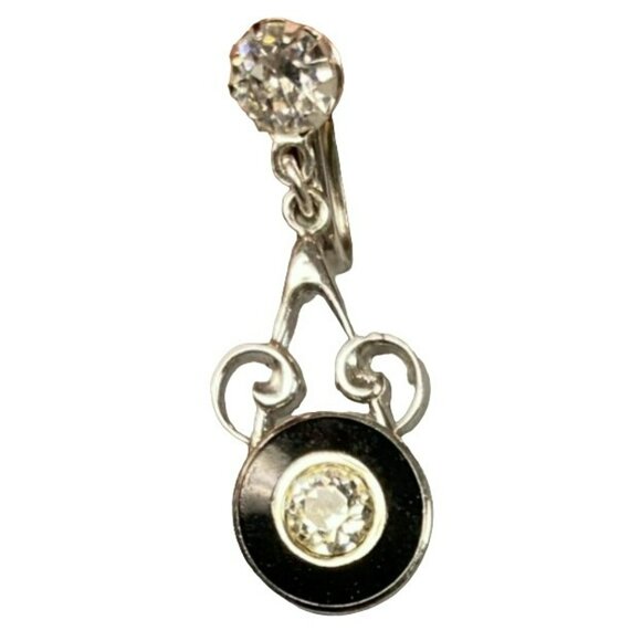 Vintage Vargas Black Enamel Silver tone with Rhinestone Center Dangle Screw-back - Picture 2 of 5